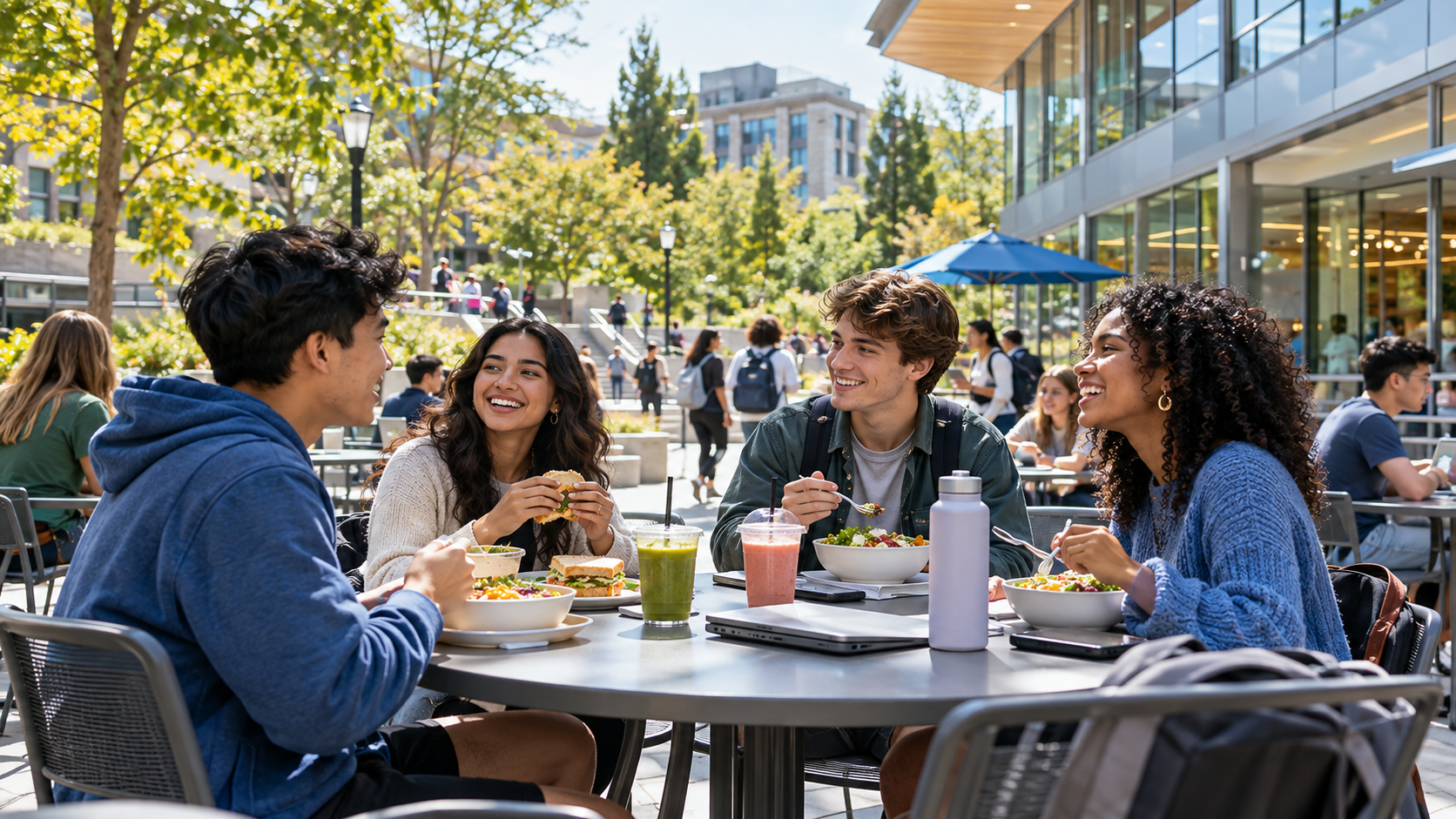 Students sharing lunch outside a university student center
