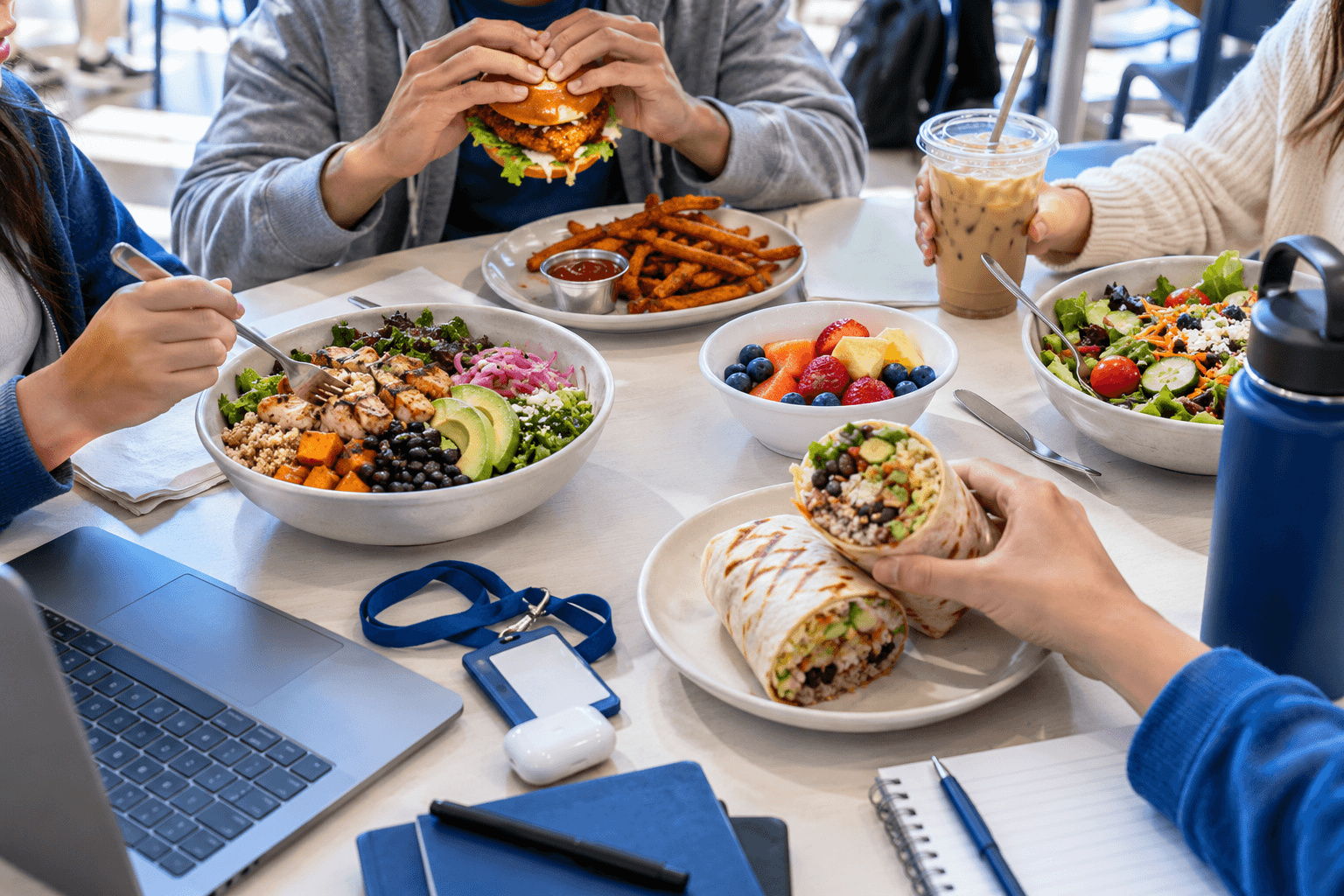 A varied campus lunch with bowls, sandwiches, salad and coffee beside study materials